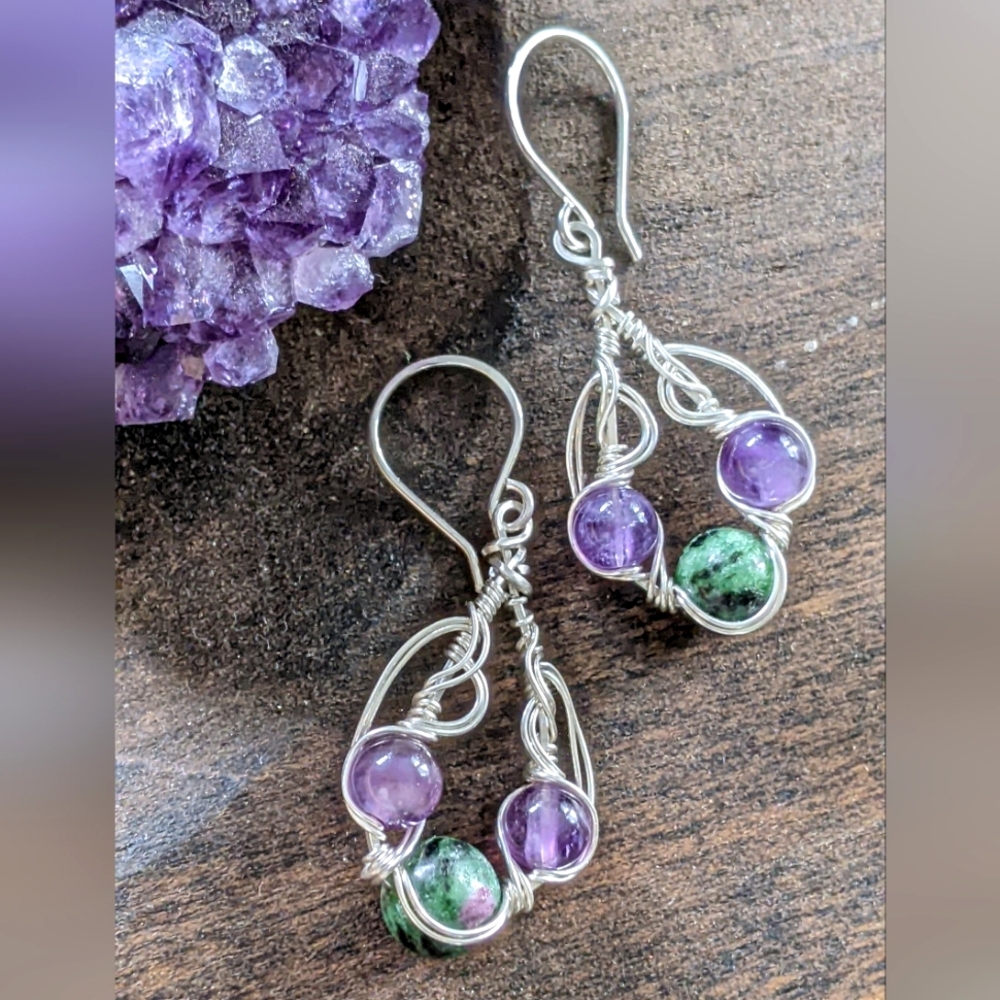 Artisanal Sterling Silver Earrings Amethyst And Ruby Zoisite Gemstones - Picture 7 of 11